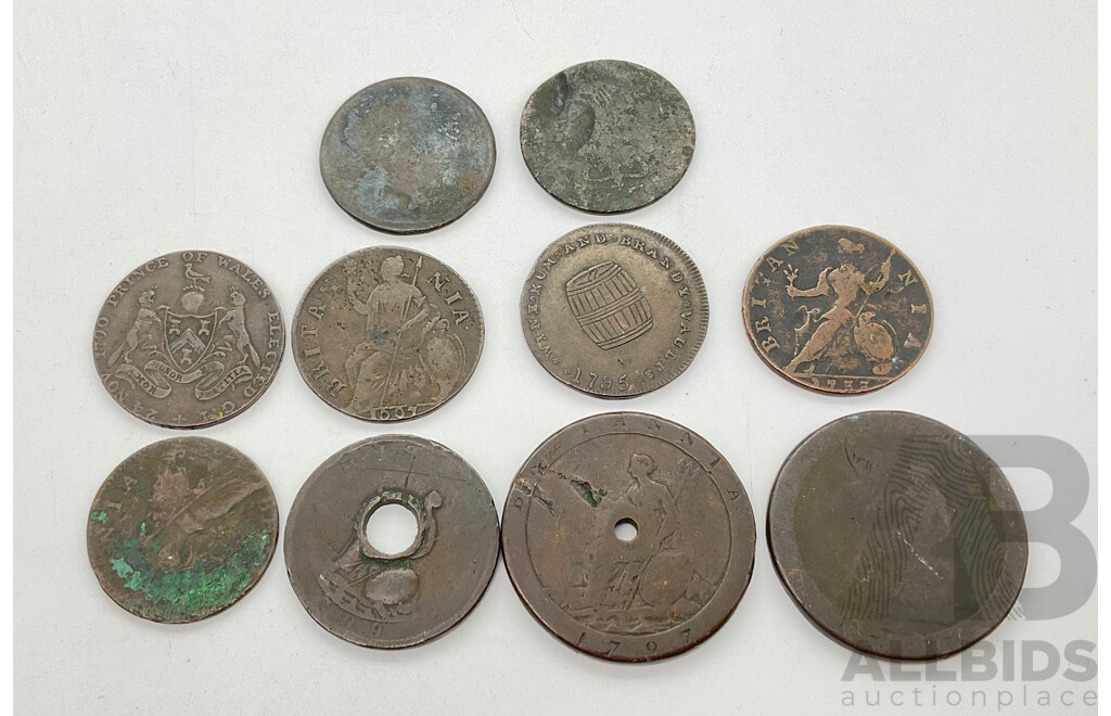 Collection of Antique United Kingdom Coins and Tokens Including 1797 KGIII Penny and 1733 KGII Half Penny and More (10)