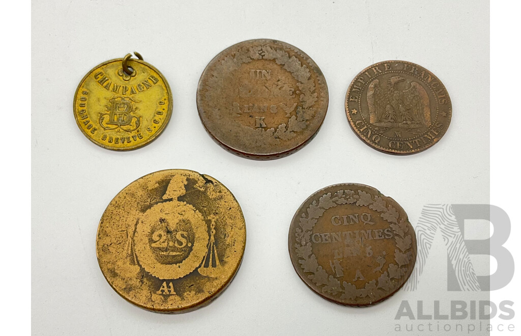 Collection of Antique French Coins and Tokens Including France 18th Century Sol Aux Balances Coin, 1854 Napoleon III Five Sent, Champagne Bley Frères Token