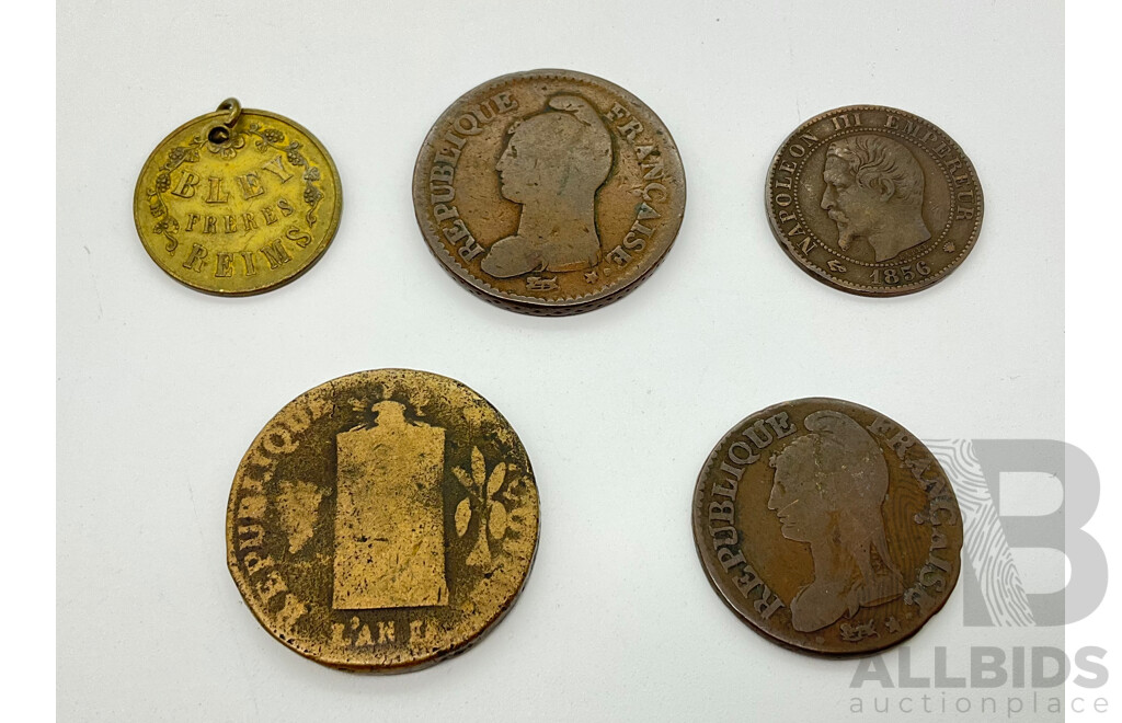 Collection of Antique French Coins and Tokens Including France 18th Century Sol Aux Balances Coin, 1854 Napoleon III Five Sent, Champagne Bley Frères Token