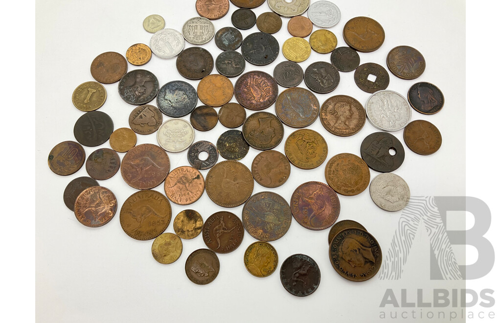 Collection of Antique and Vintage International Coins Including Hong Kong 1865 Queen Victoria One Cent, Palestine 1927 Two Mils, Japan 1987 Ten Yen, UK 1895 Half Penny, Jersey Island 1861 1/26 Shilling and More