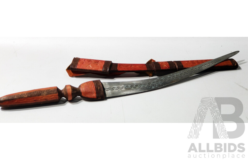Damascus Curved Sword with Leather Scabbard