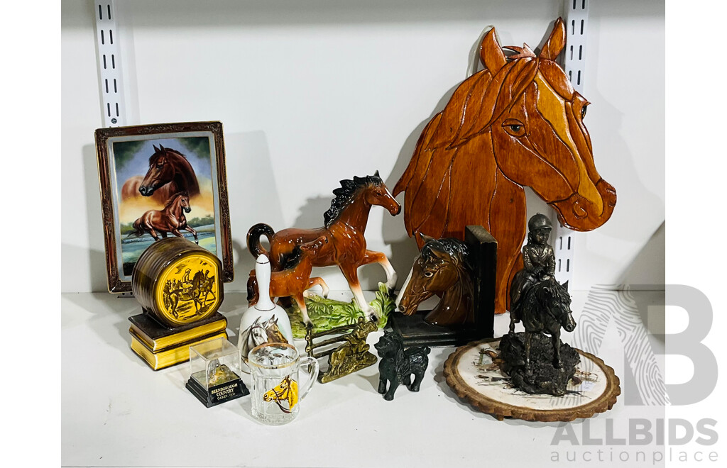 Quantity of Horse Collectibles Including Franklin Mint Thoroughbred: Portrait of a Champion Plate, Carved Wooden Horse Head and More