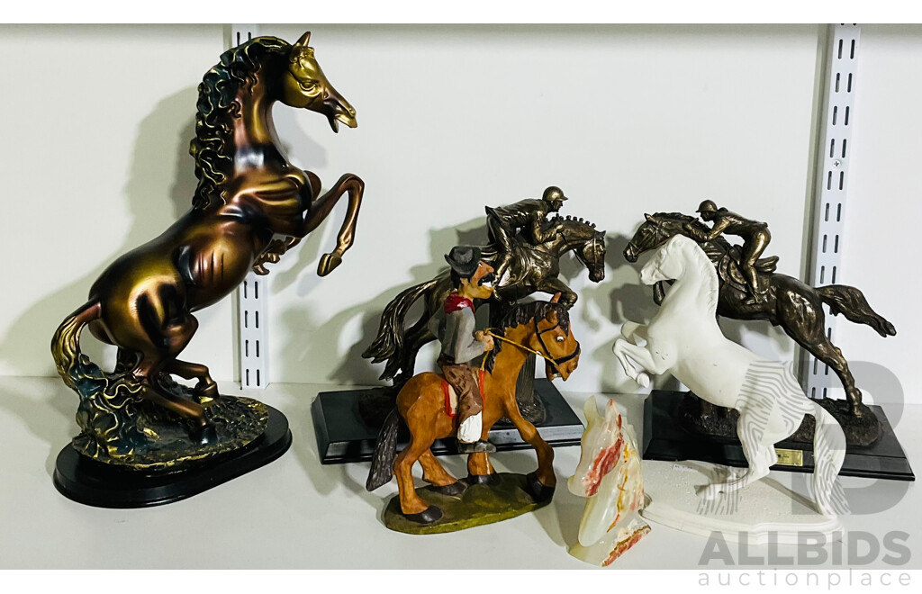 Collection of Horse Figurines Including Metal Show Time Cross Country and Show Jumper on Bases, Marble Horse Head and More