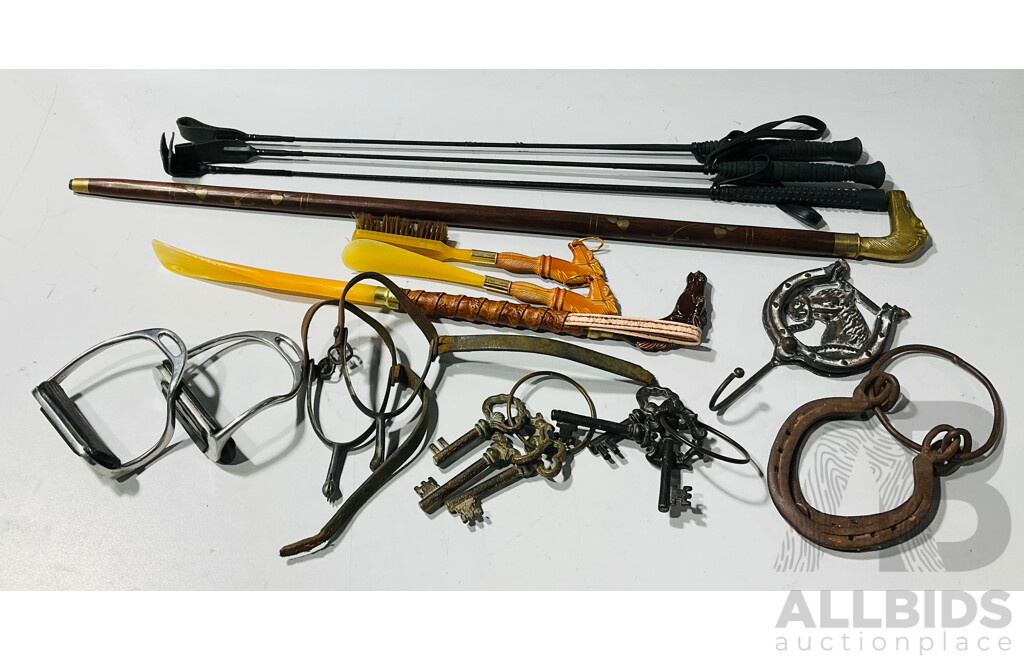 Quantity of Horse Related Items Including Three Riding Whips, a Brass Horse Head Walking Stick, Stirrups, Horse Shoes and More