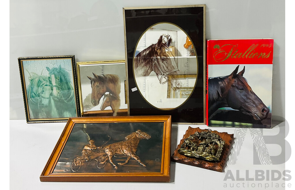 Collection Vintage Horse Pictures in Various Mediums Including Copper Etching and a 1995 Volume on Stallions