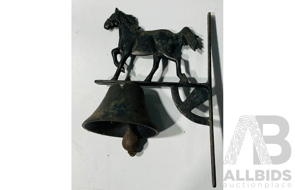 Horse Themed Iron Door Bell, Alongside Brass Figurines of a Pair of Giraffes and Deer.