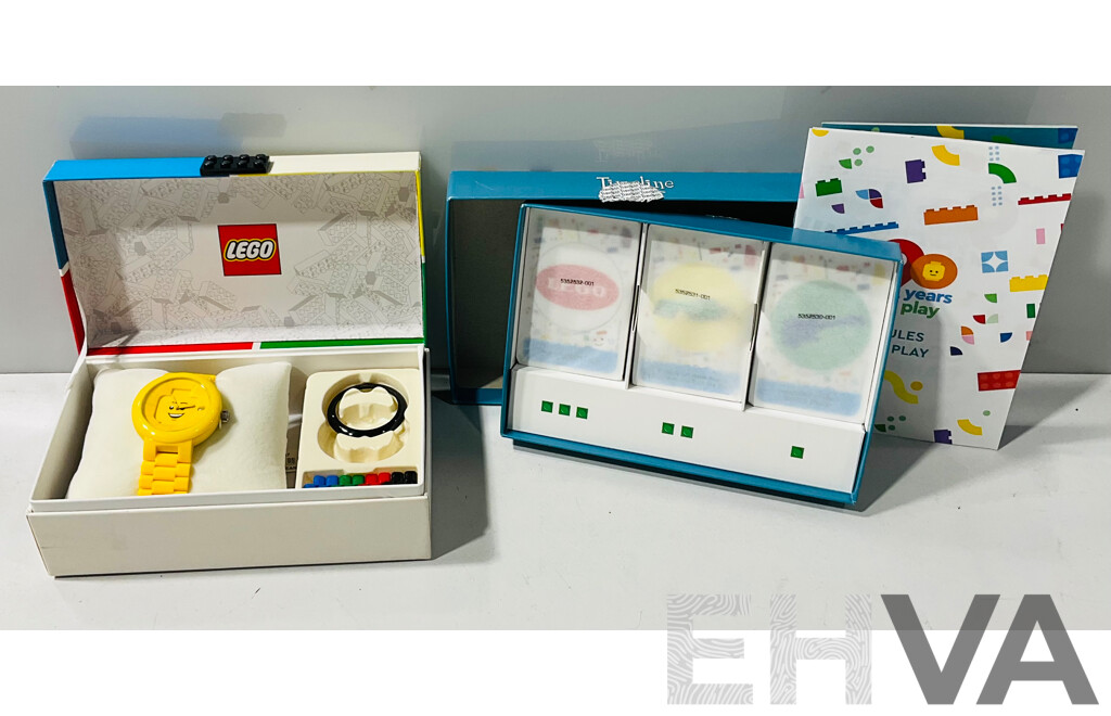 Lego Watch in Original Box Alongside 90 Years of Play Lego Card Game