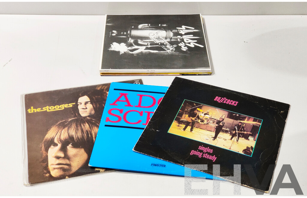 Collection Seven Punk & Skate Punk Vinyl LP Records Comprising the Stooges, Buzzcocks, Adolescents, Two the Spitz Titles, Minor Threat & Husker Du