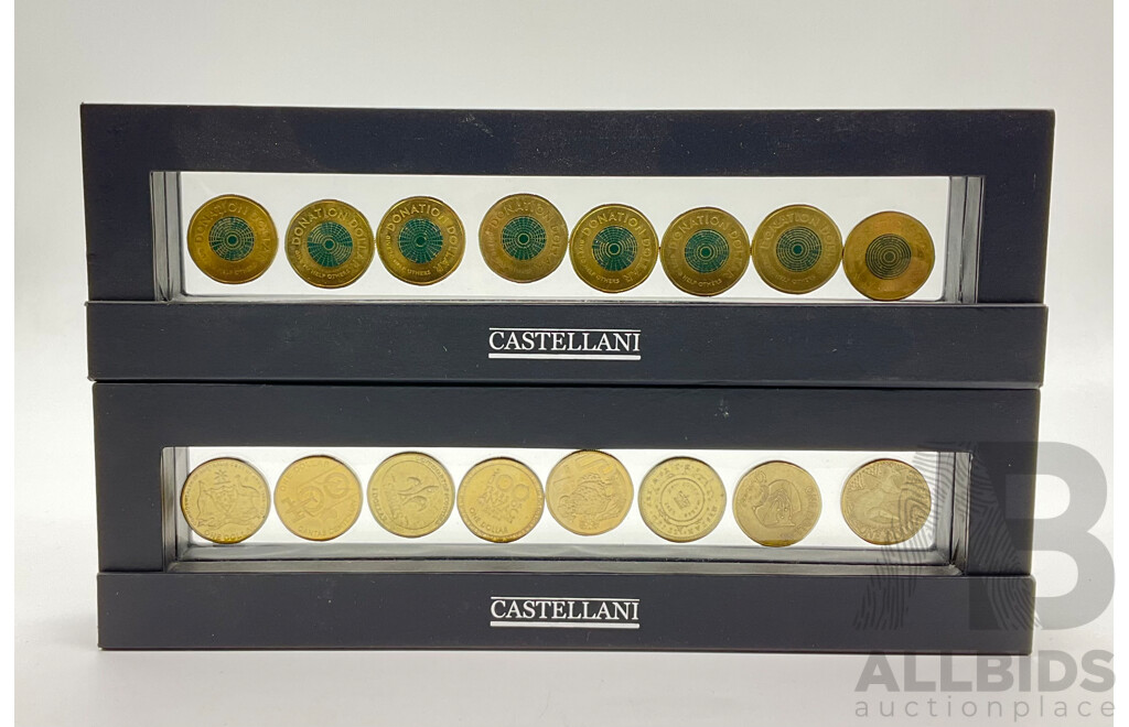 Collection of Australian One Dollar Coins in Castellani Holders Including 2008 Coat of Arms, 2013 Holey Dollar and Dump Bicentenary, 2021 Donation Dollars, 2020 Qantas and More