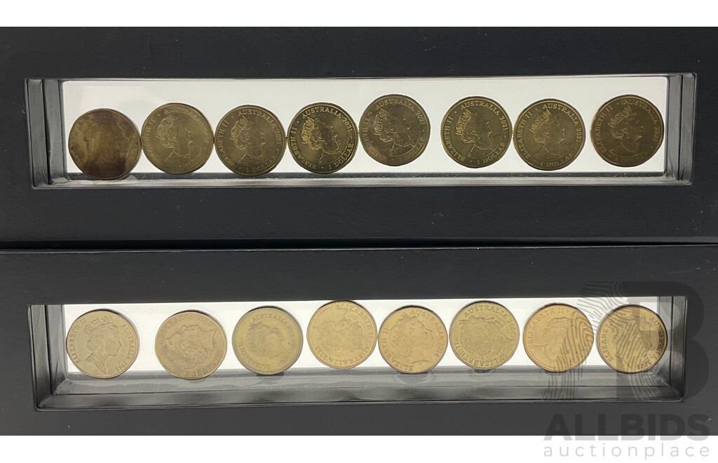 Collection of Australian One Dollar Coins in Castellani Holders Including 2008 Coat of Arms, 2013 Holey Dollar and Dump Bicentenary, 2021 Donation Dollars, 2020 Qantas and More