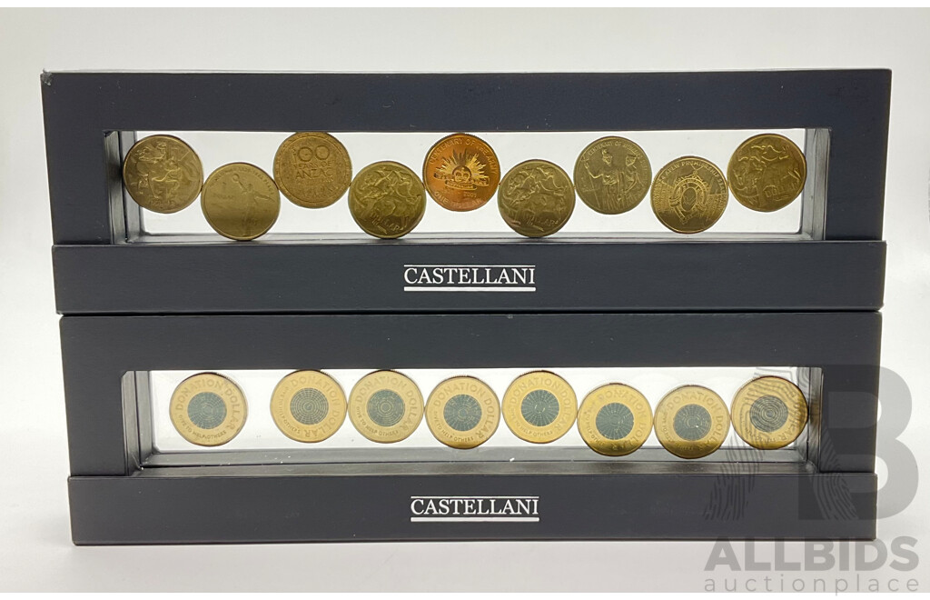 Collection of Australian One Dollar Coins in Castellani Holders Including 2024 AFLW Premiership Season, 2001 Centenary of the Army, 2003 Centenary of Women's Suffrage, 2021 Donation Dollars, and More