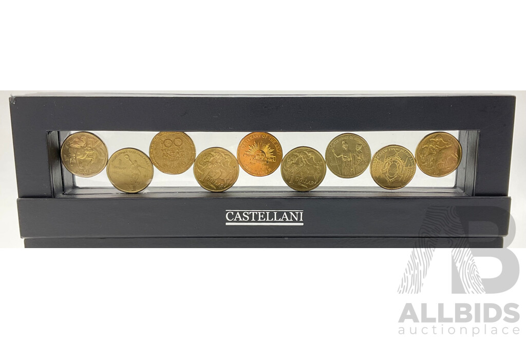 Collection of Australian One Dollar Coins in Castellani Holders Including 2024 AFLW Premiership Season, 2001 Centenary of the Army, 2003 Centenary of Women's Suffrage, 2021 Donation Dollars, and More