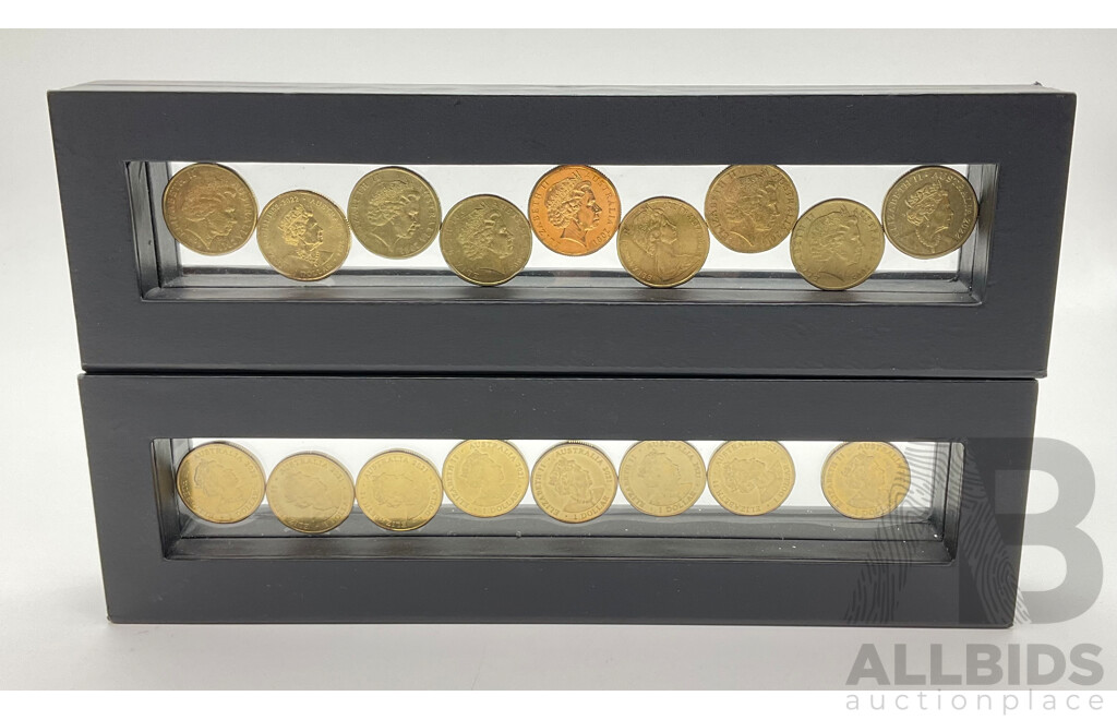 Collection of Australian One Dollar Coins in Castellani Holders Including 2024 AFLW Premiership Season, 2001 Centenary of the Army, 2003 Centenary of Women's Suffrage, 2021 Donation Dollars, and More