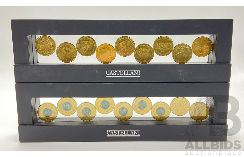 Collection of Australian One Dollar Coins in Castellani Holders Including 2023 AFL Premiership Season, 2020 Qantas, 2017 Possum Magic, 2021 Donation Dollars and More