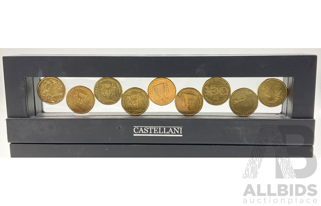 Collection of Australian One Dollar Coins in Castellani Holders Including 2023 AFL Premiership Season, 2020 Qantas, 2017 Possum Magic, 2021 Donation Dollars and More