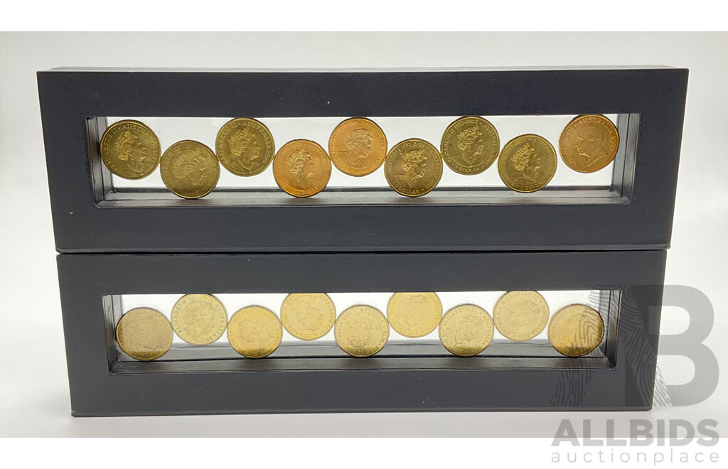 Collection of Australian One Dollar Coins in Castellani Holders Including 2023 AFL Premiership Season, 2020 Qantas, 2017 Possum Magic, 2021 Donation Dollars and More