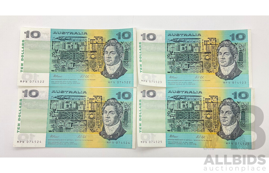 Four Australian 1991 Ten Dollar Notes Fraser/Cole, Consecutive MPN 074522 - MPN 074525