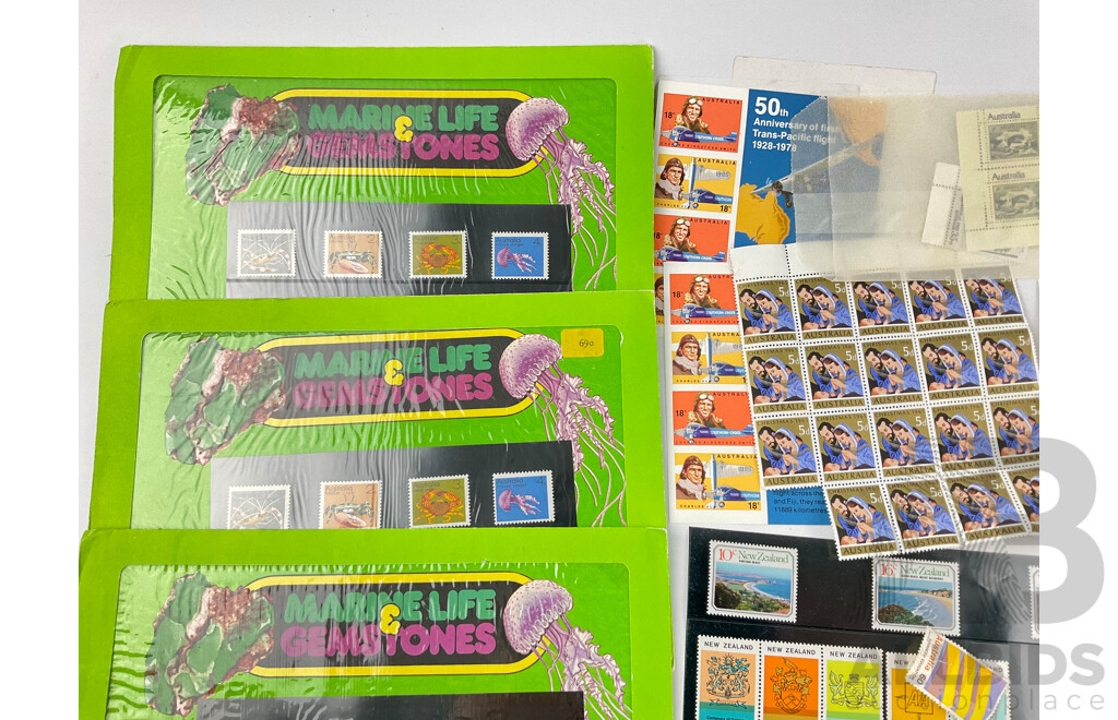 Collection of Australia and New Zealand Mint Stamps, Blocks and Packs, 1970's and 80's