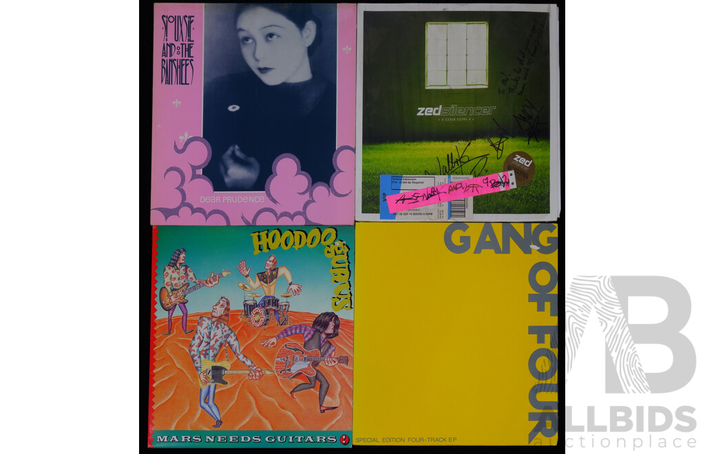 Collection Four Cool Vintage Vinyl Records Comprising Gang of Four 12 Inch Single, Siouxsie and the Banshees 12 Inch Single, Hoodoo Gurus & Signed Zed Silencer LP