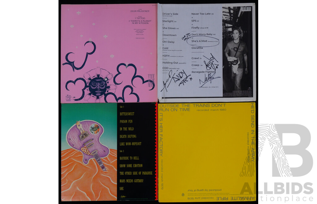 Collection Four Cool Vintage Vinyl Records Comprising Gang of Four 12 Inch Single, Siouxsie and the Banshees 12 Inch Single, Hoodoo Gurus & Signed Zed Silencer LP