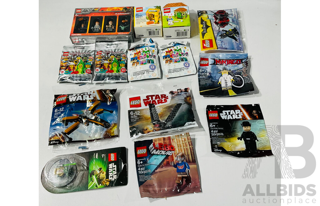 Collection of Lego Including Limited Edition Jurassic World Minifigure Set, Lego Minifigure Packs From Series 16 and 20, Assorted Polybag Sets and More