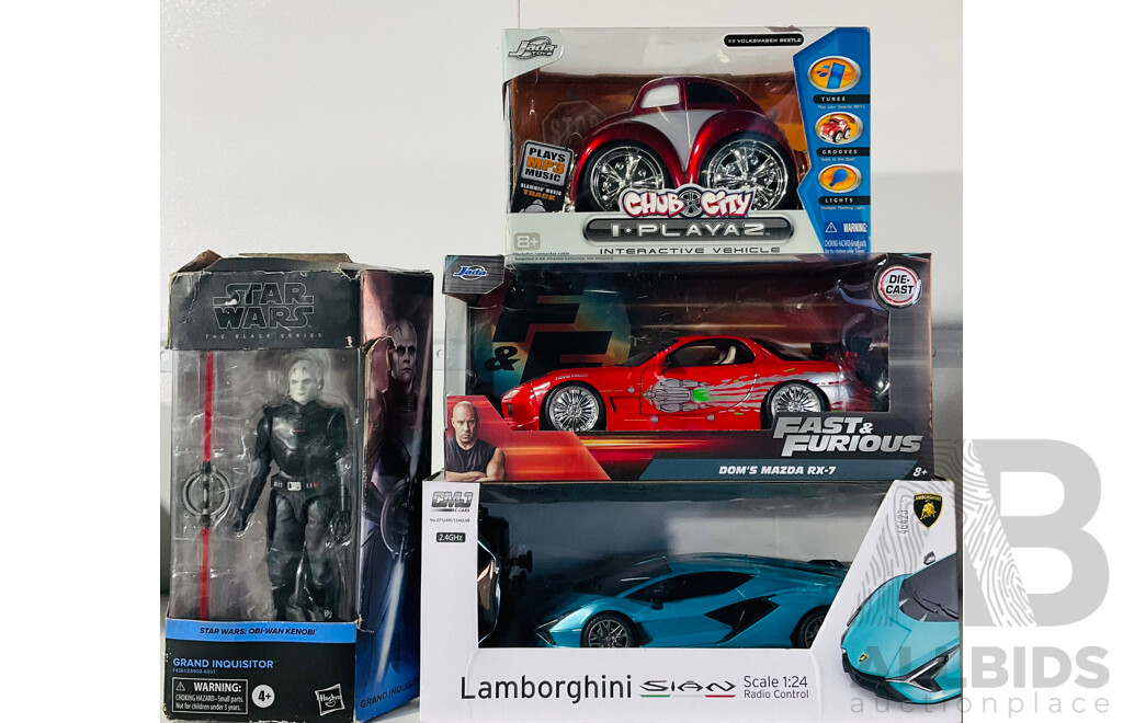 Collection of Cars and Star Wars Figure Including 1:24 Remote Control Lamborghini Sian, Star Wars Black Series Grand Inquisitor and More