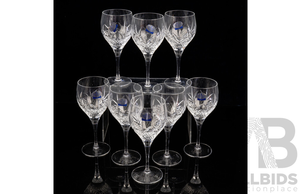 Set Eight Royal Doulton Fine Cut Crystal Wine Glasses with Original Labels