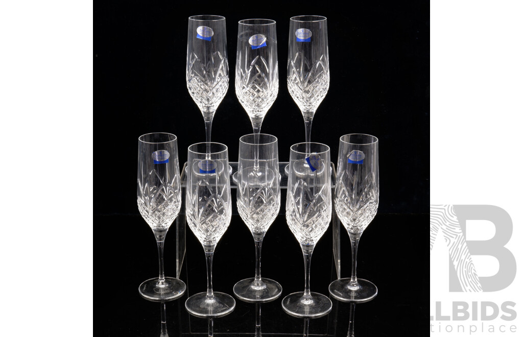 Set Eight Royal Doulton Fine Cut Crystal Champagne Flutes with Original Labels