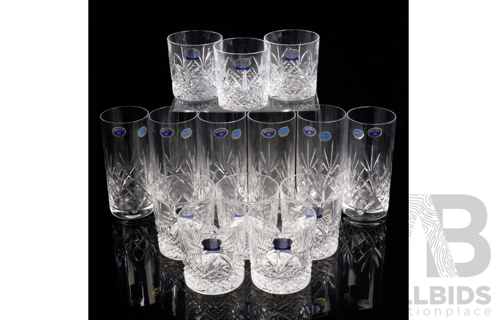 Set Eight Royal Doulton Fine Cut Crystal Whisky Tumblers Along with Set Six High Ball Glasses, All with Original Labels