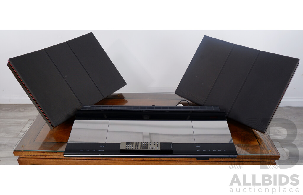 Retro 1980 Bang & Olufsen Danish Made Beocenter 9500 Stereo CD, Radio, Phono Dual Tape System, Type 2506 with Pair RL 60 Speakers Type 6513 Along with Beolink 1000 Remote Control