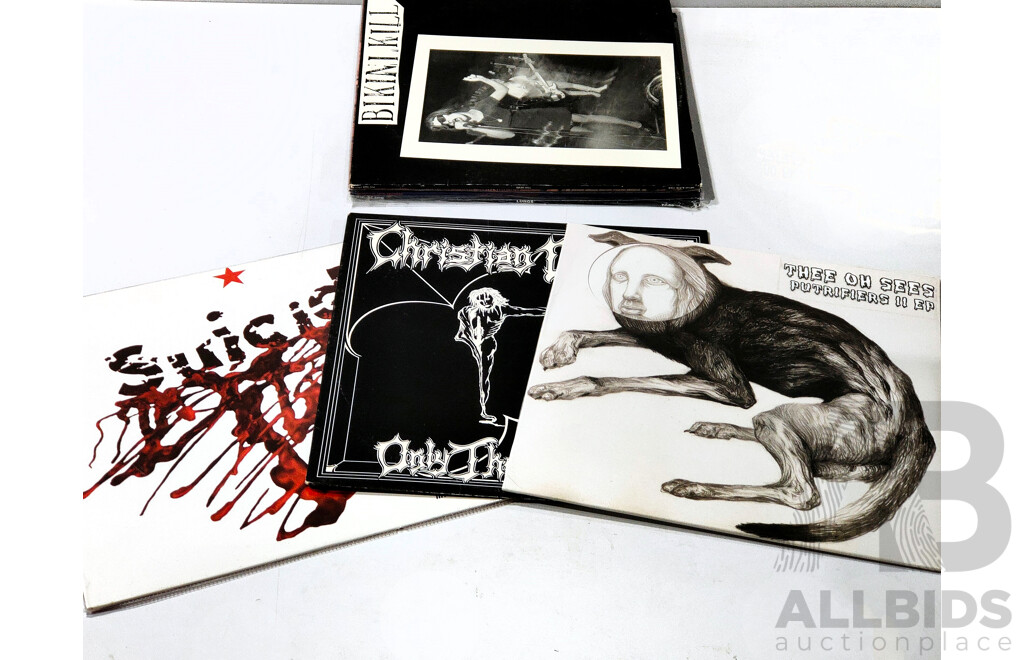 Collection Seven Punk & Skate Punk Vinyl LP Records Comprising Big Black, Agent Orange, Christian Death, Thee on Sees, Bikini Kill, Suicidal Tendencies, Suicide