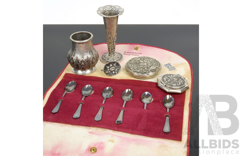 Collection Vintage 800 Silver Pieces Including Six PIece Teaspoon Set in Original Wrapper, Two Compacts and More