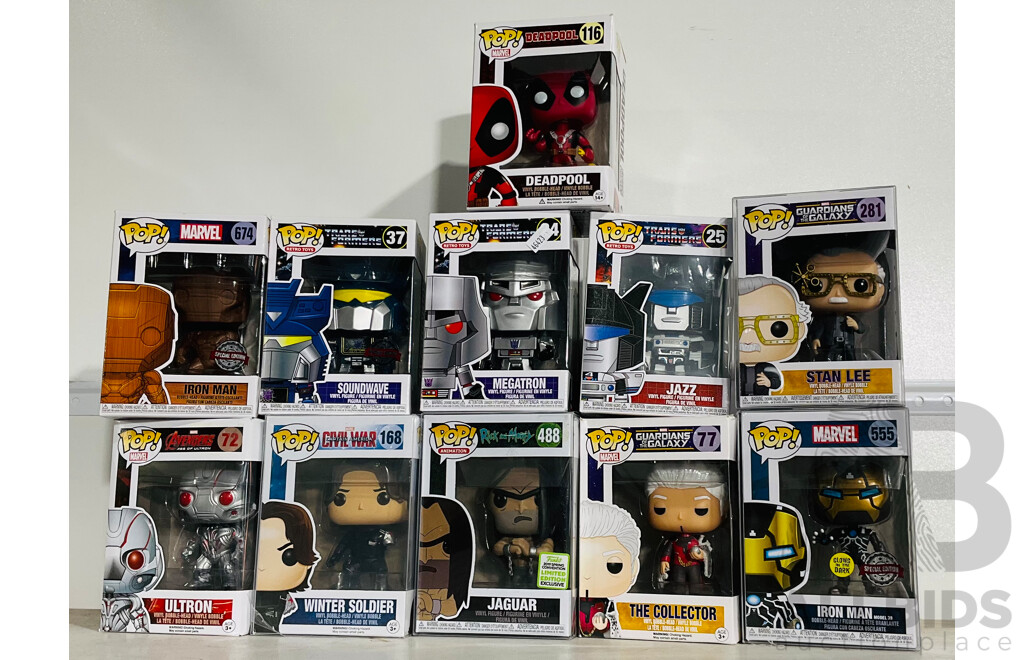 Collection of Eleven Pop! Bobbleheads in Original Boxes Including Deadpool, Iron Man and More