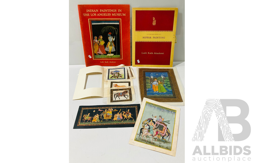 Large Collection of Both Fabric and Paper Hand Painted Indian Paintings, Including Two Books of Reproductions and More