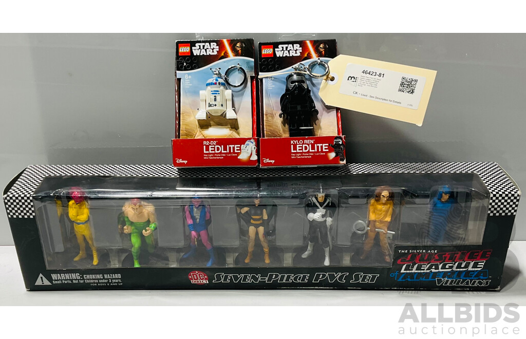 Seven Piece PVC DC Direct Justice League of America Villains Set Alongside Pair of Lego Star Wars Ledlite Keyrings - Kyle Ren and R2-D2