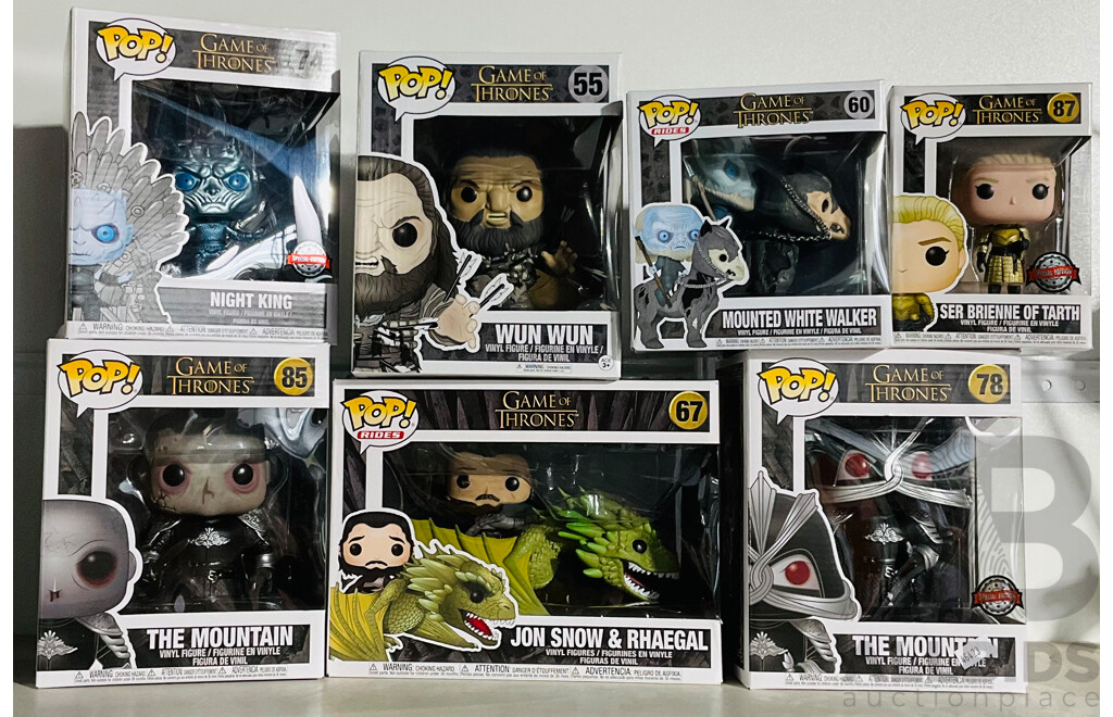 Collection of Seven Game of Thrones Pop! Heads in Original Boxes Including Wun Wun, Jon Snow & Rhaegal and More