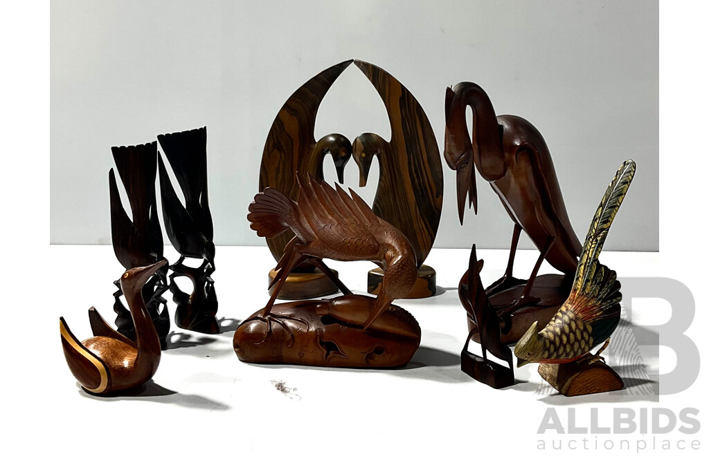 Collection Hand Carved Asian Hard Wood Bird Figures Including Macasser Ebony Examples