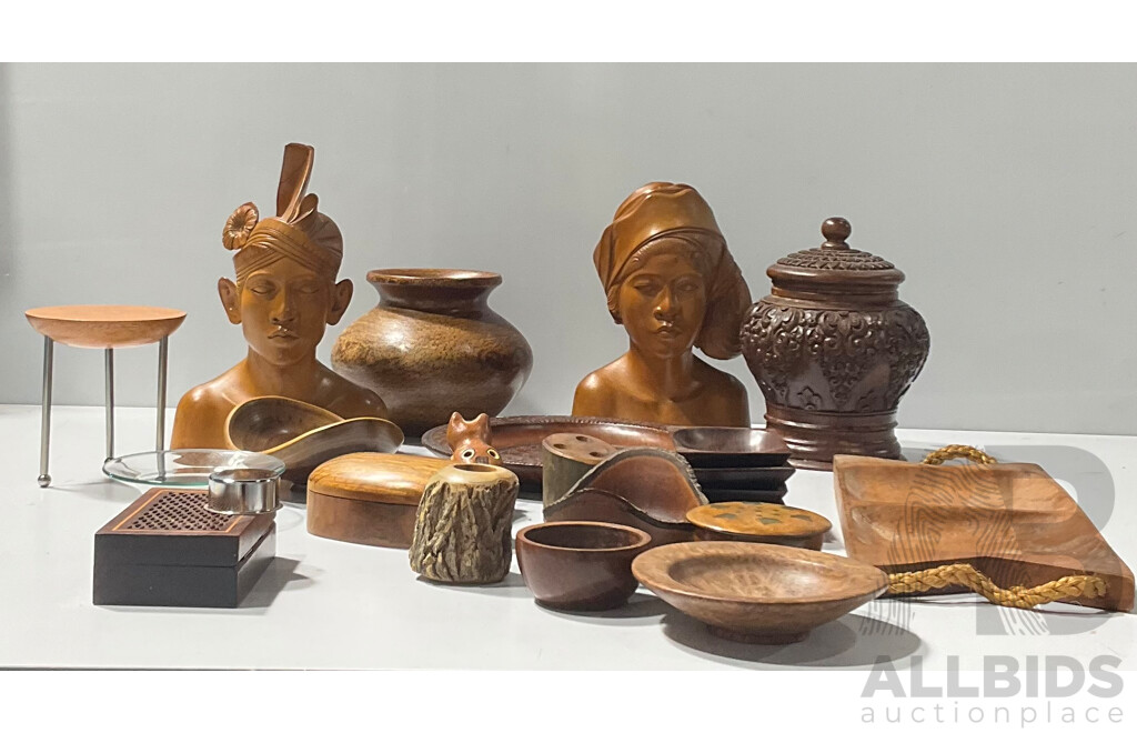 Collection Hand Carved Hard Wood Pieces Including Indonesian Male and Female Busts, Australian Banksia Vase and More