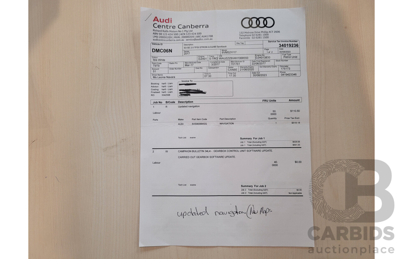 06/17 Audi S3 2.0 TFSI S TRONIC QUATTRO AWD 8V MY17 4D Sedan Ibis White 2.0L