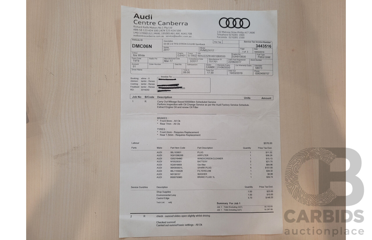 06/17 Audi S3 2.0 TFSI S TRONIC QUATTRO AWD 8V MY17 4D Sedan Ibis White 2.0L