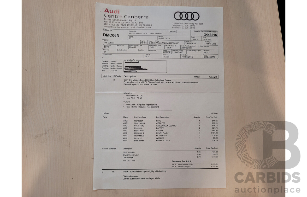 06/17 Audi S3 2.0 TFSI S TRONIC QUATTRO AWD 8V MY17 4D Sedan Ibis White 2.0L