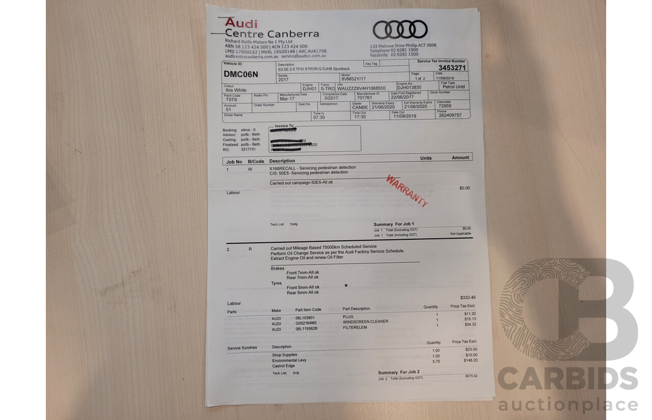 06/17 Audi S3 2.0 TFSI S TRONIC QUATTRO AWD 8V MY17 4D Sedan Ibis White 2.0L
