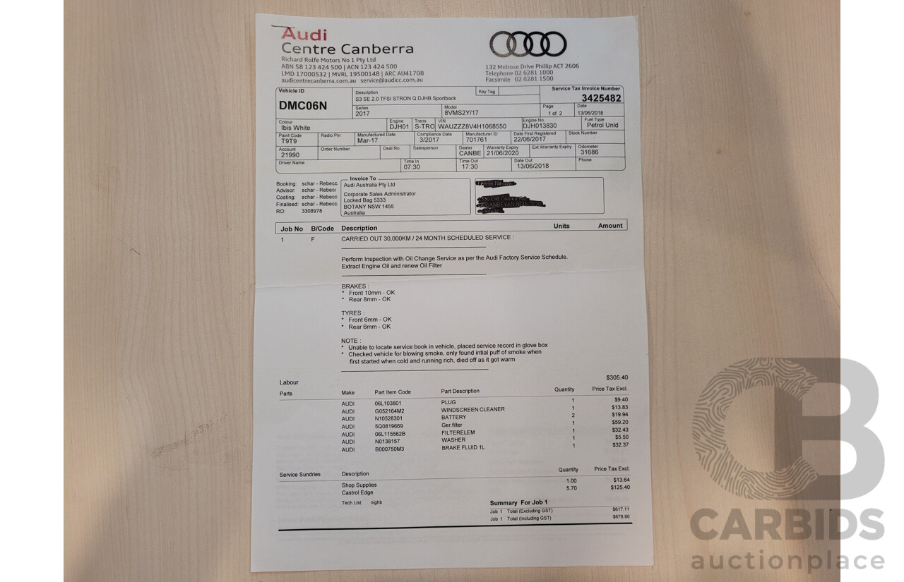 06/17 Audi S3 2.0 TFSI S TRONIC QUATTRO AWD 8V MY17 4D Sedan Ibis White 2.0L