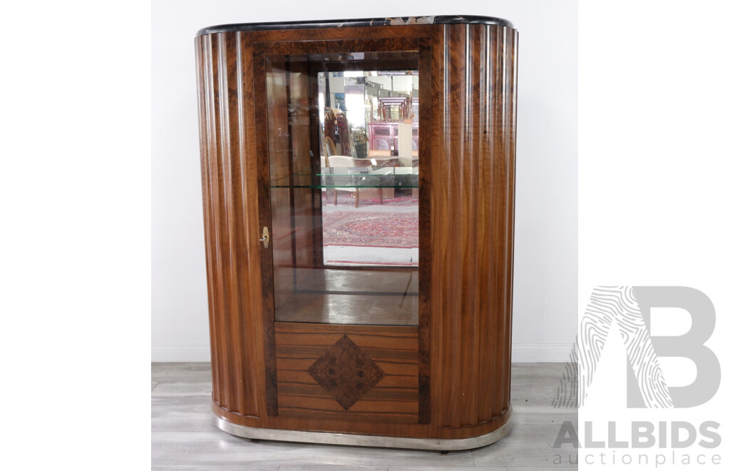 French Art Deco Figured Walnut with Portoro Marble Top Cocktail Cabinet