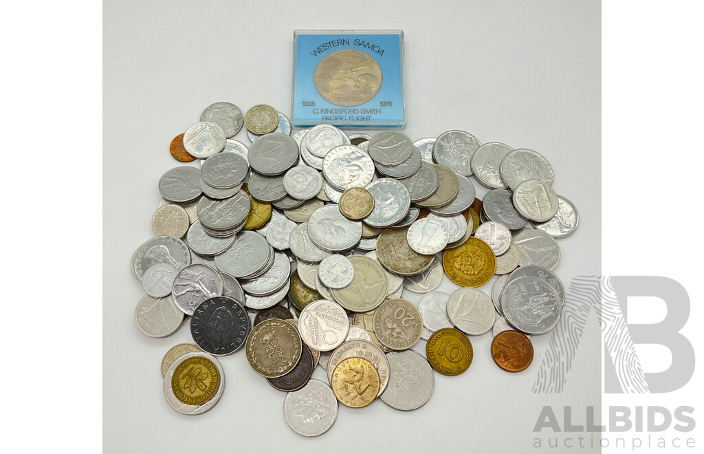 Collection of Italian 100, 50 and 10 Lire Coins with International Coins Including Australian 1957 Florin, Western Samoa 1978 One Dollar and More