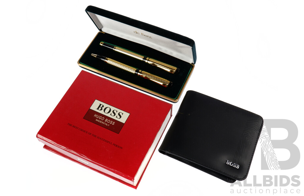 Boxed Hugo Boss Men's Leather Wallet with Boxed De Burg Pens