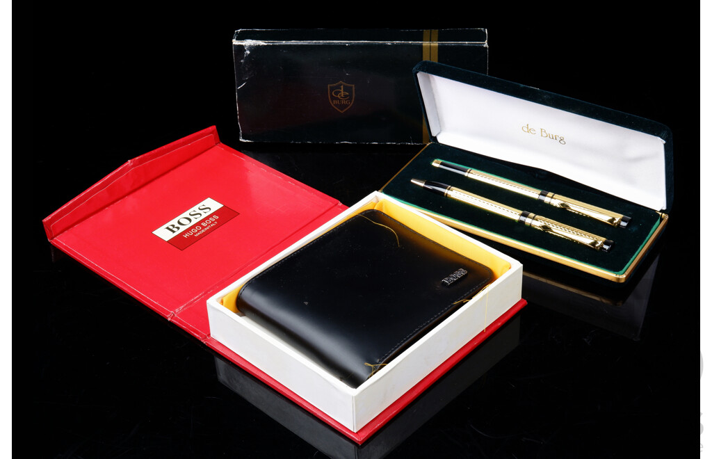 Boxed Hugo Boss Men's Leather Wallet with Boxed De Burg Pens