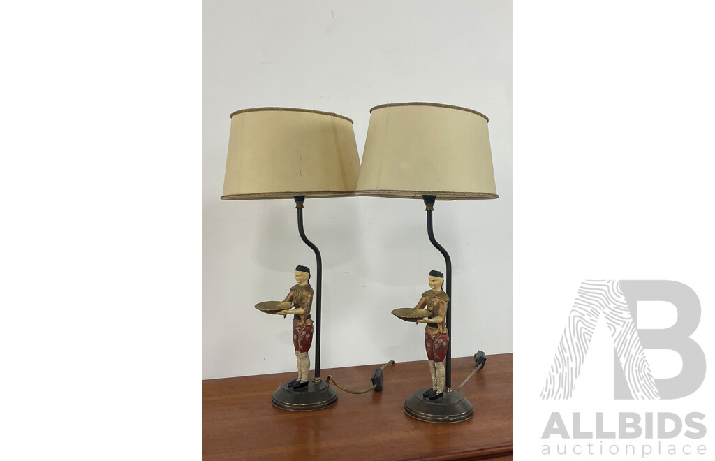 Pair of Metal Oriental Servant Form Table Lamps