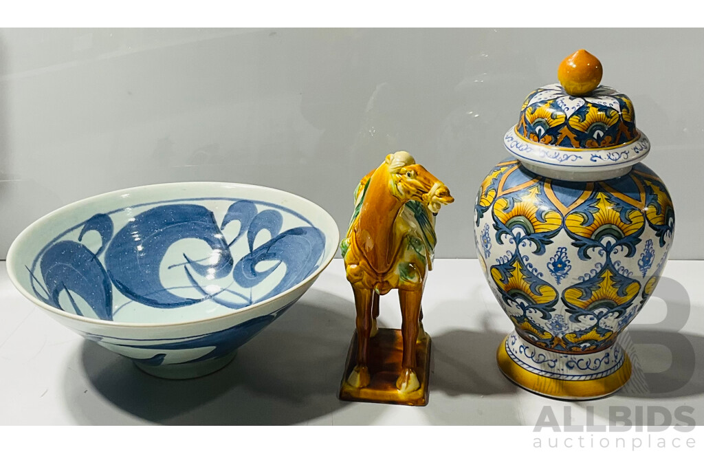 Collection of Decorative Homewares Including Hand Painted Urn, Large Ceramic Bowl and an Ornate Horse Figurine