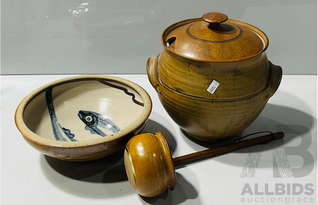 Glazed Ceramic Pot and Lid with Matching Wooden Handled Ladle, Alongside a a Fish Motif Bowl